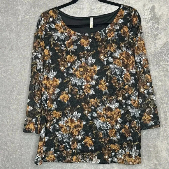 White Stag Tops - White Stag XL Shirt Top Brown Floral 3/4 Sleeve Round Neck Lace Overlay Casual
